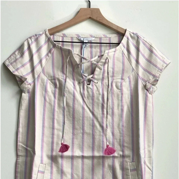 New SOUTHERN TIDE MCKENNA Striped shift Dress natural tassel lace up pockets - Picture 4 of 14